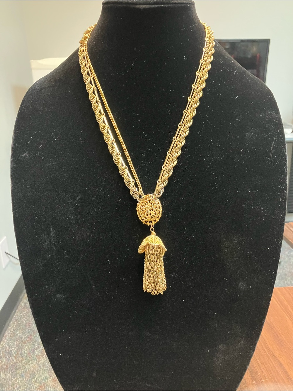 Gold-Tone Double Chain Tassel Necklace - Elegant Women's Pendant